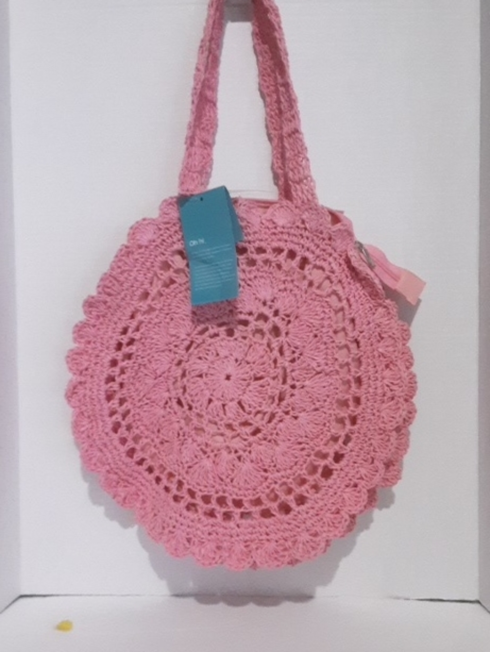 Pink Crochet Round Tote Bag with Shoulder Straps